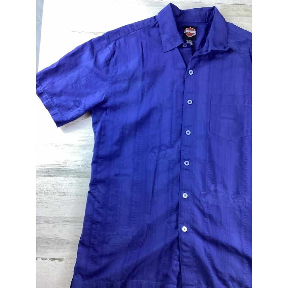 Harley Davidson Blue SS Mens Med Tone-on-Tone Motorcyle Graphics Button Up - Picture 3 of 12